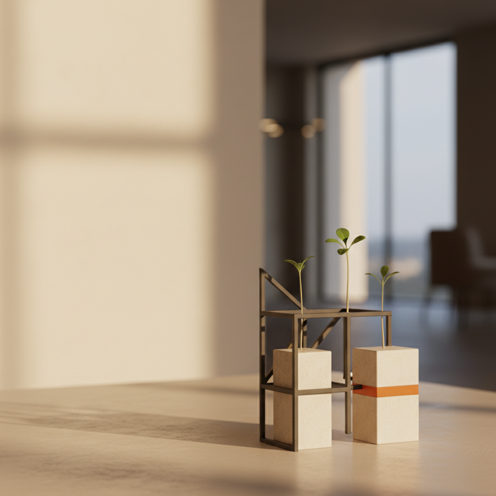 Conceptual illustration of capital efficiency and burn rate with balanced scales and precision instruments on a warm charcoal surface with orange accent highlights