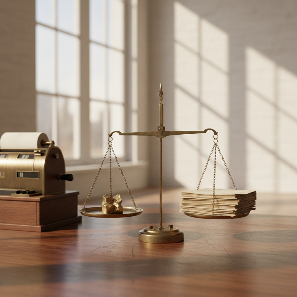 Abstract editorial illustration of intangible asset valuation showing seven asset categories and valuation methods