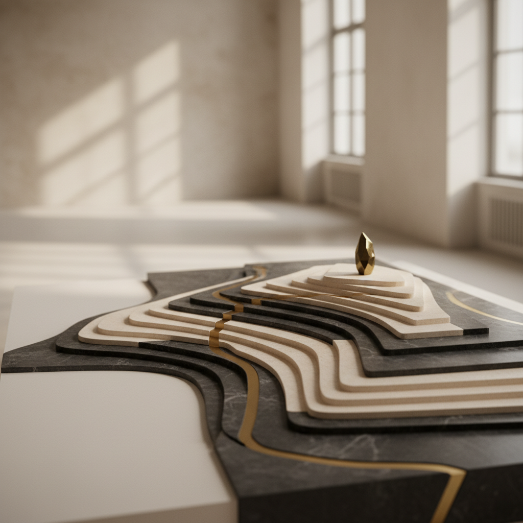 Conceptual illustration of equity ownership transitions from MBO to public refloat with structured architectural elements and gold accent lighting