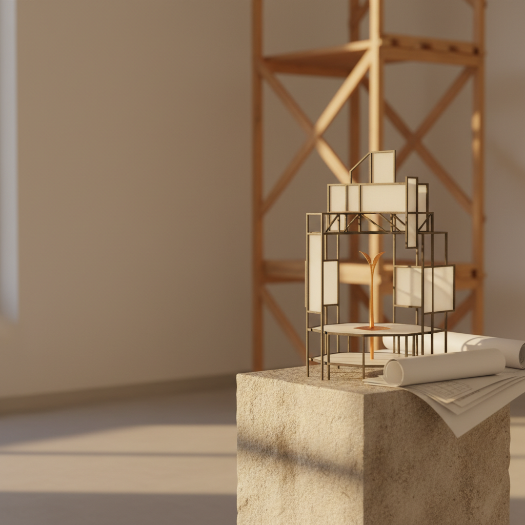 Editorial illustration of structured valuation frameworks and intangible asset evidence documents arranged on a warm neutral surface with gold accent details