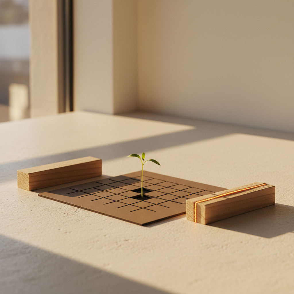 Abstract conceptual illustration representing product-market fit measurement as an intangible asset with geometric alignment patterns and warm neutral tones