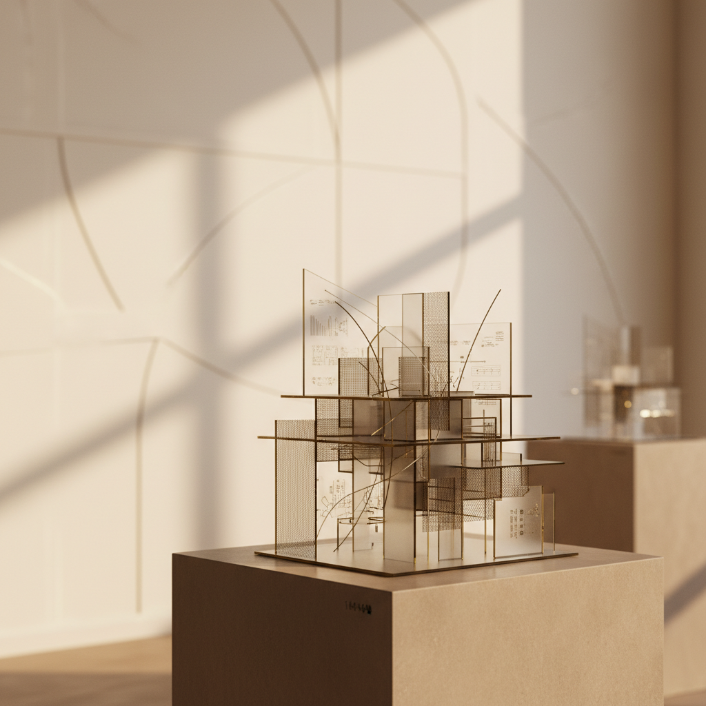 Abstract representation of public market listing with transparent glass layers revealing hidden intangible asset value beneath stock exchange architecture