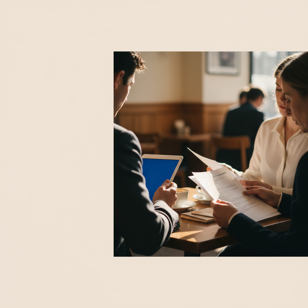 Two professionals reviewing IP loan application documents at a coffee shop table
