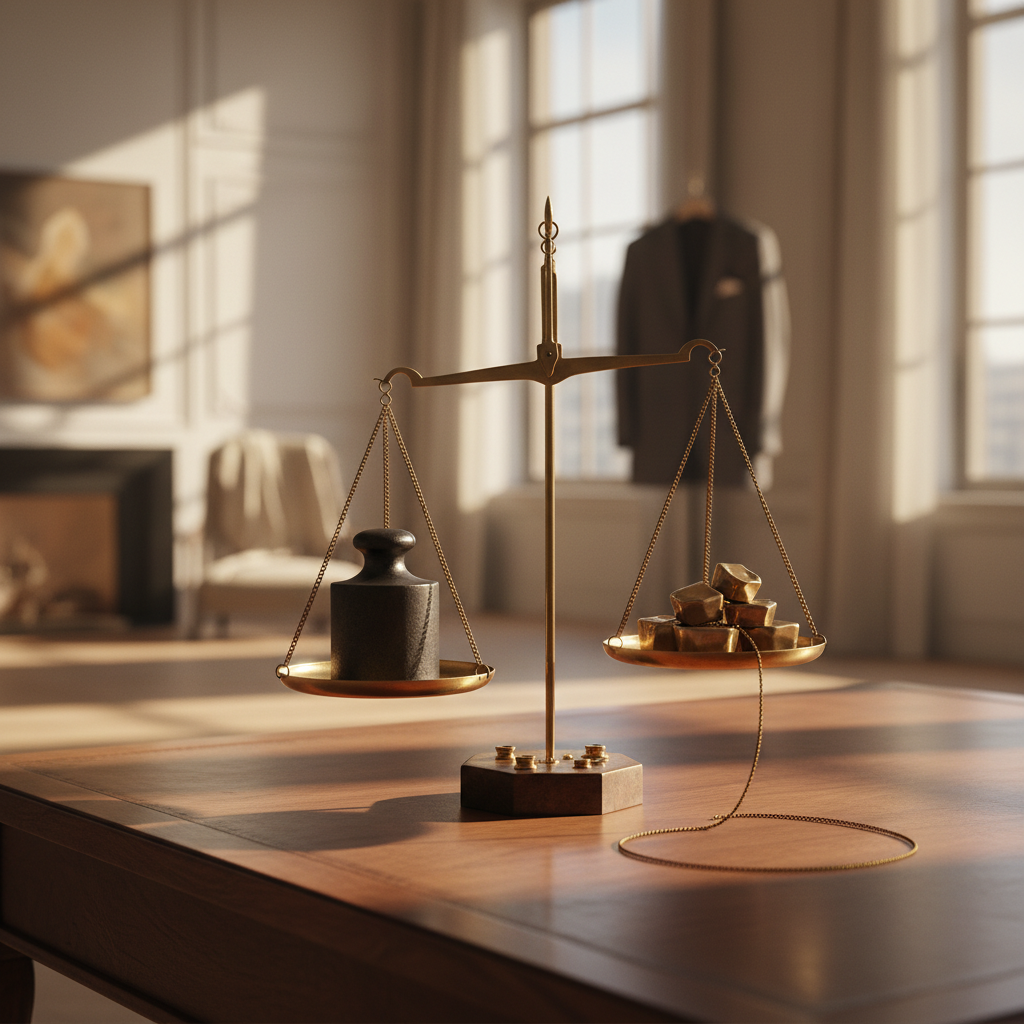 Brass balance scales on a wooden desk, representing the comparison between IP lending and equity funding