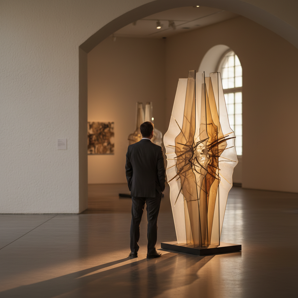 Executive examining layered glass artwork in a gallery, discovering hidden structure and value